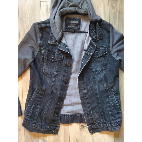 21MEN‎ Denim Jacket with Jersey Knit Hooded Sleeves - Men's Casual Stylish - Picture 6 of 9